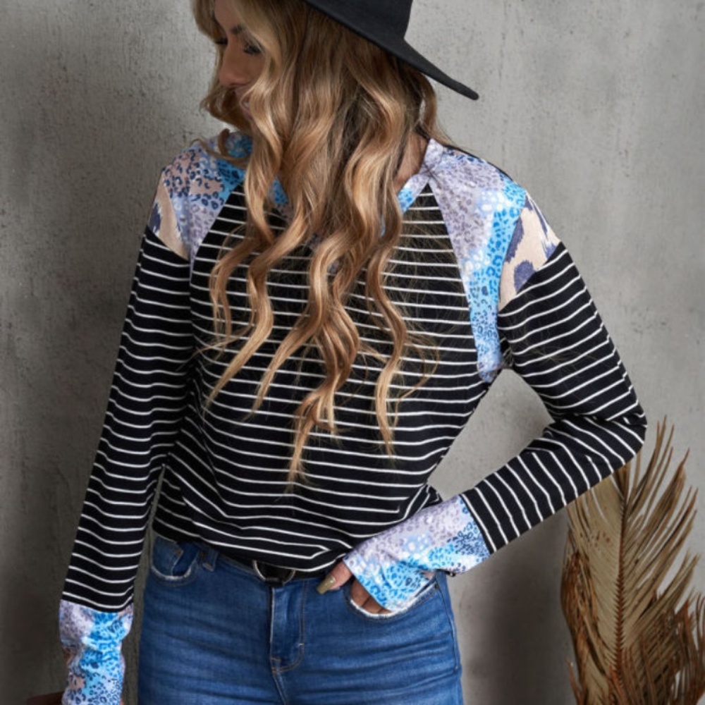 Stripe Splicing V Neck LongSleeve Top